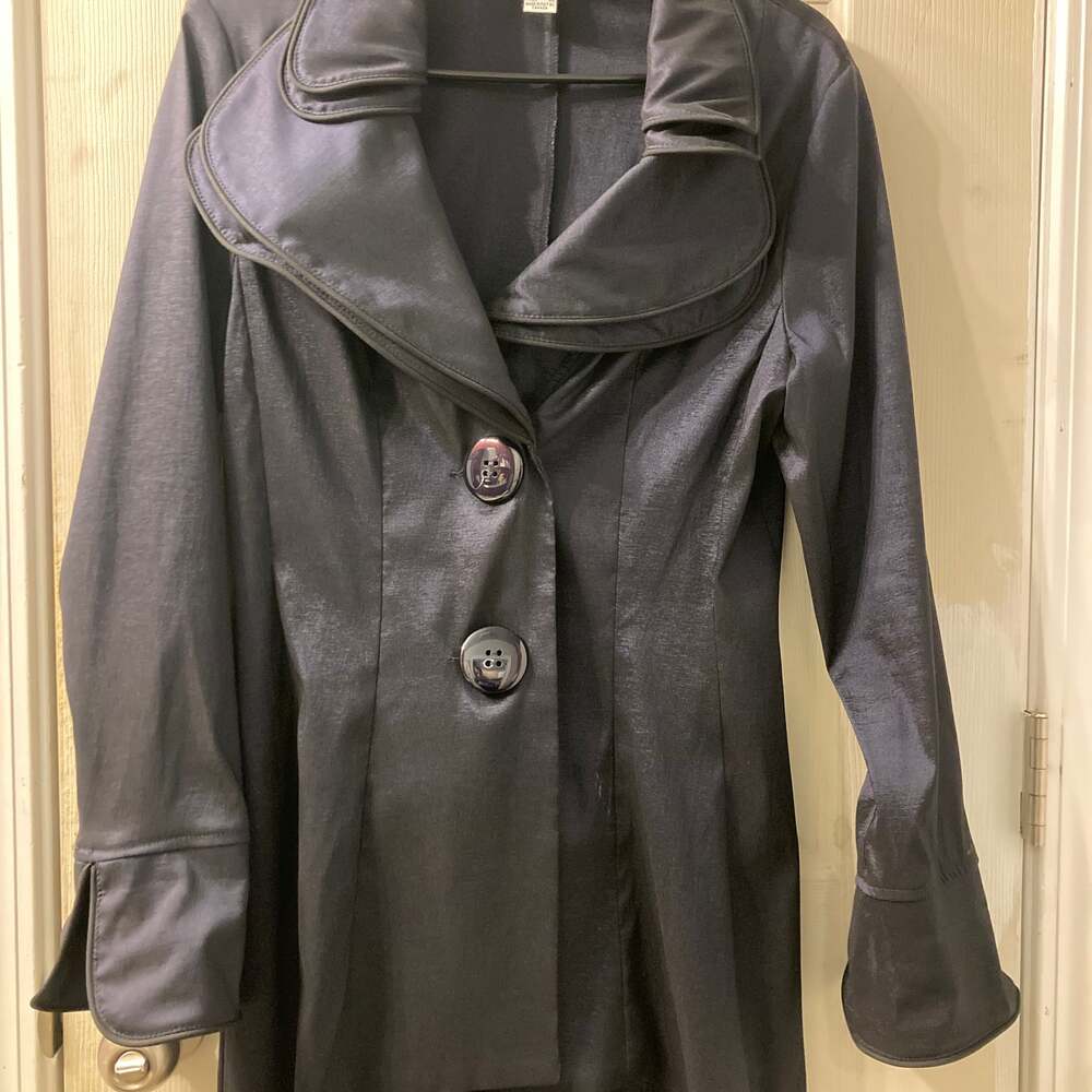 Joseph Ribkoff Black Scuba Crepe Fit and Flare Coat with Wired Ruffle Collar